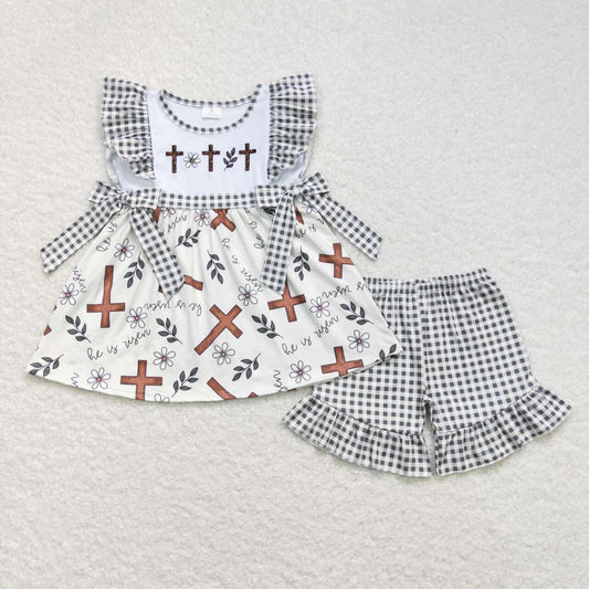 GSSO0492 Embroidered Easter Cross Flower Black Stripe Ruffle Flying Sleeve Shorts Girls Outfits RTS 202508