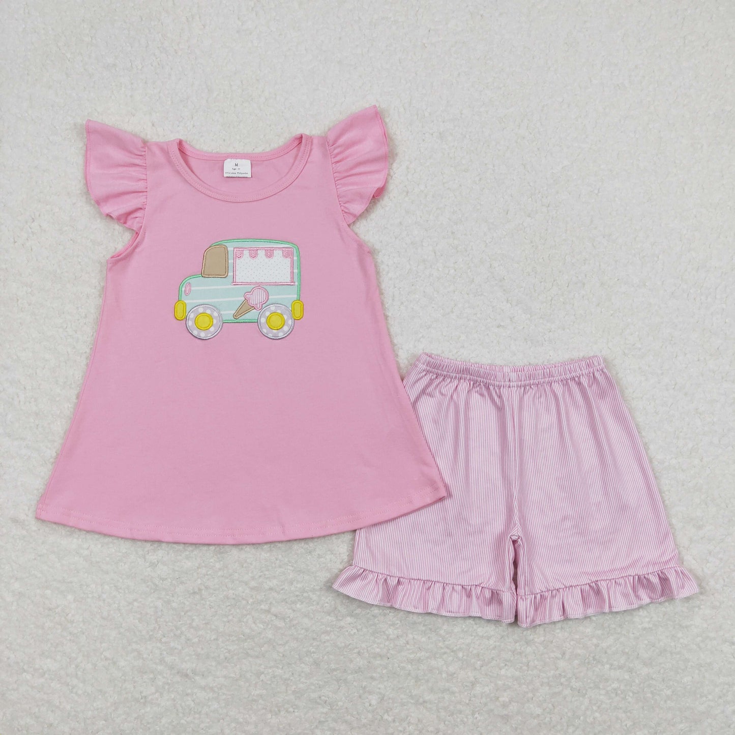 GSSO0508 ice cream truck pink ruffle flying sleeve ruffle shorts sets girls boutique outfit 20240408 RTS