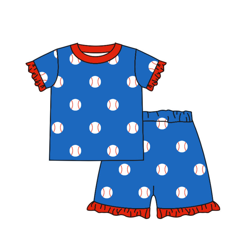 Preorder  GSSO0525 Blue Red Softball Girls Short Sleeve Shorts Outfits Pajamas