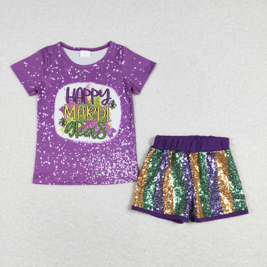 GSSO0528 Happy Mardi gras 2pcs Purple Sequin Girls Short Sleeve Shorts Outfits