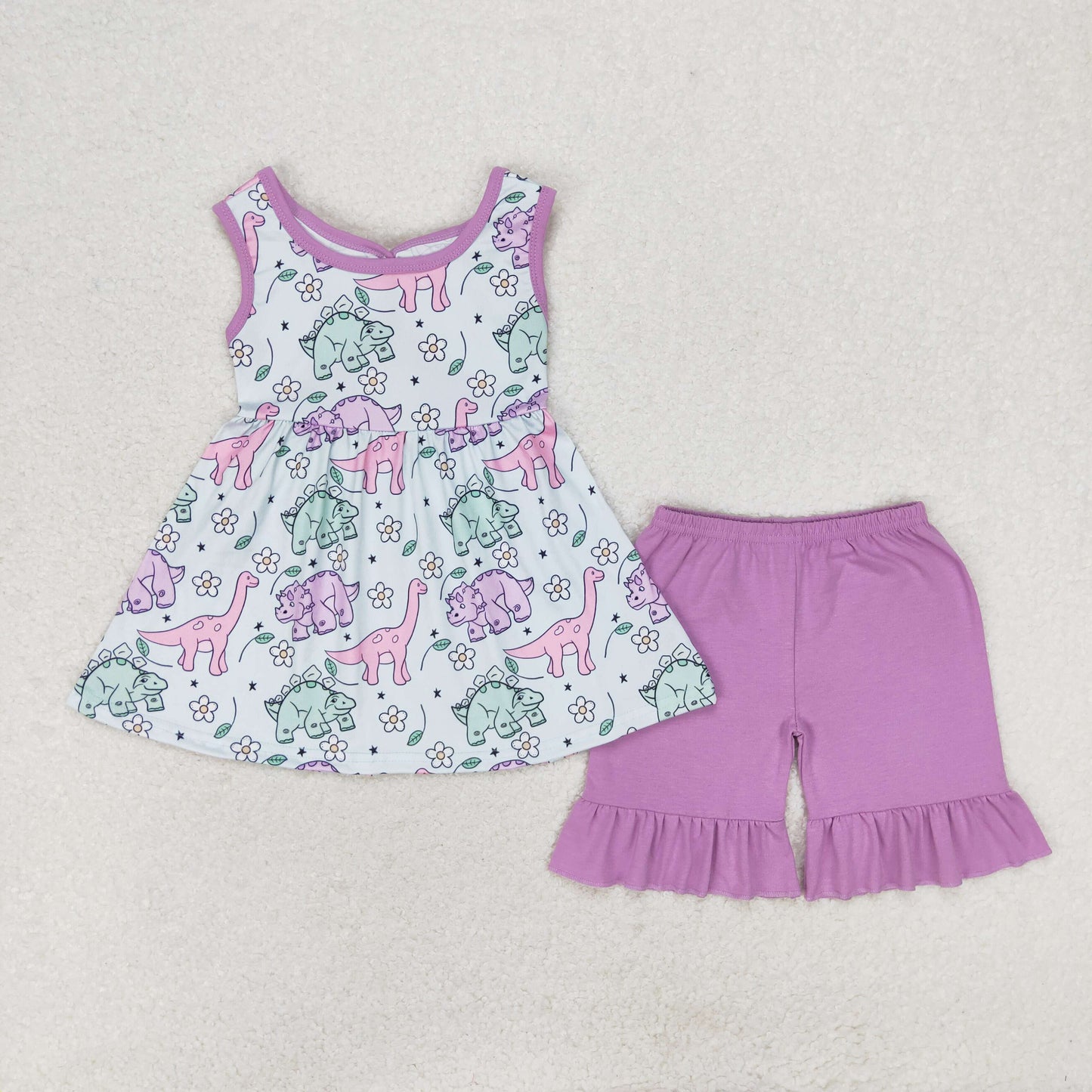 GSSO0533 Flower Dinosaur purple bow sleeveless shorts set high quality girls 8 years old girl's clothing sets