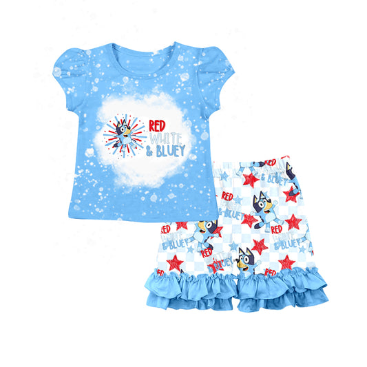 Preorder  GSSO0542 4th of July Blue Dog Cartoon Girls Short Sleeve Shorts Outfits