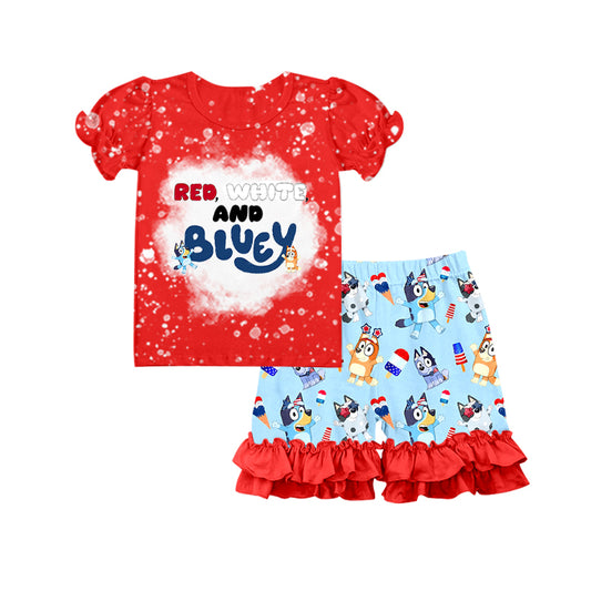 Preorder  GSSO0543 4th of July Blue Dog Cartoon Girls Short Sleeve Shorts Outfits