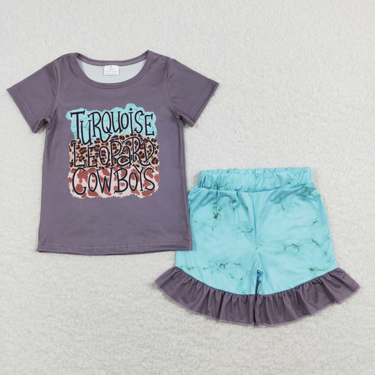 GSSO0545 Letter Leopard Gray Short Sleeve Ruffle Blue Green Shorts Girls Sets RTS 202507