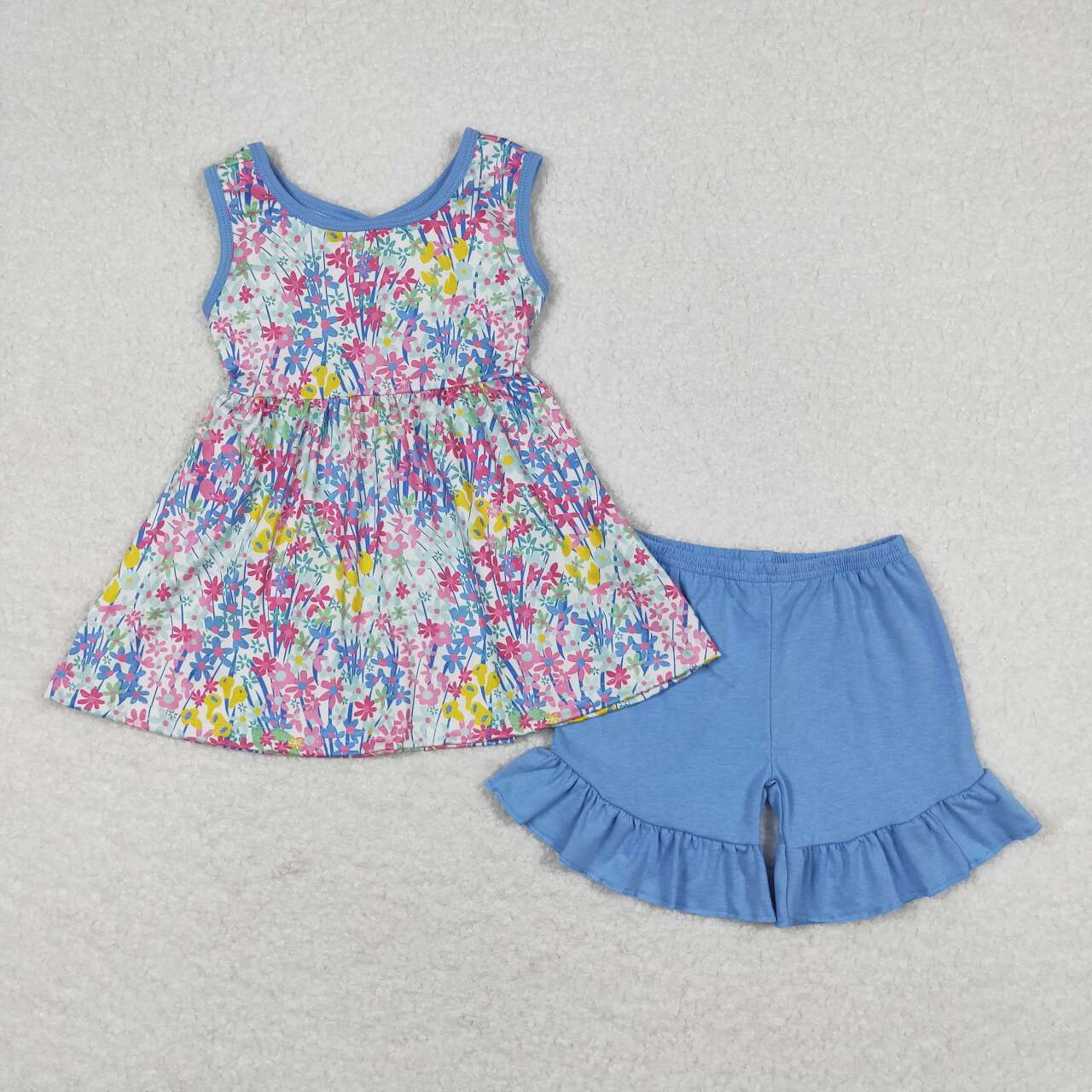 GSSO0547 Girls Boutique Colored Flower Blue Bow Sleeveless Shorts Sets 20240402 RTS