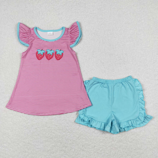 GSSO0556 Hot Pink Striped Embroidery Strawberry Flying sleeve top Blue Ruffled  shorts boutique girls clothing sets summer outfit RTS 202501