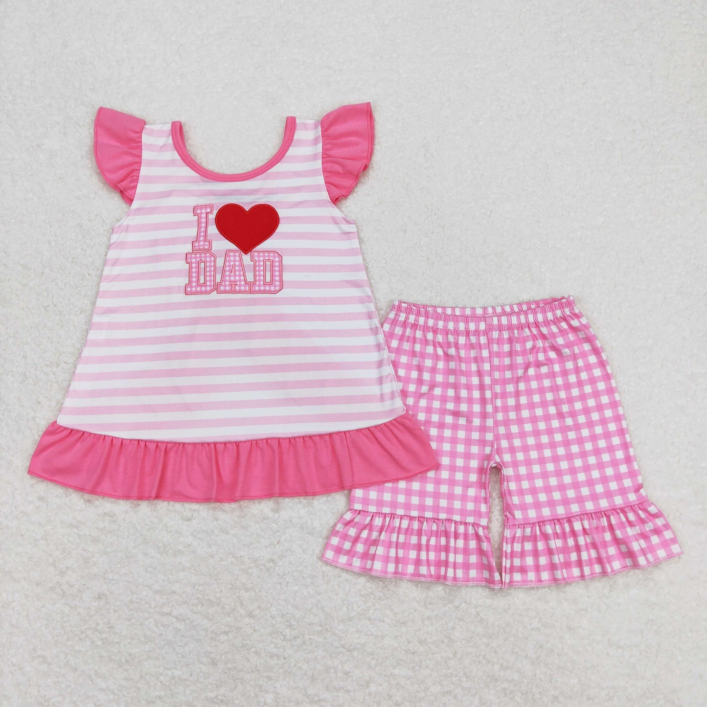 GSSO0563 Embroidered I Love Dad Pink Bows Plaid Ruffle Flying Sleeve Shorts Sets 20240410 RTS