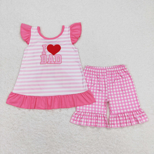 GSSO0563 Embroidered I Love Dad Pink Bows Plaid Ruffle Flying Sleeve Shorts Sets 20240410 RTS