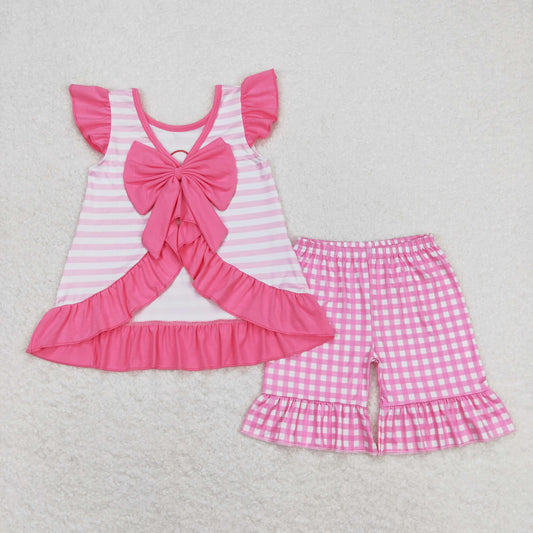 GSSO0563 Embroidered I Love Dad Pink Bows Plaid Ruffle Flying Sleeve Shorts Sets 20240410 RTS