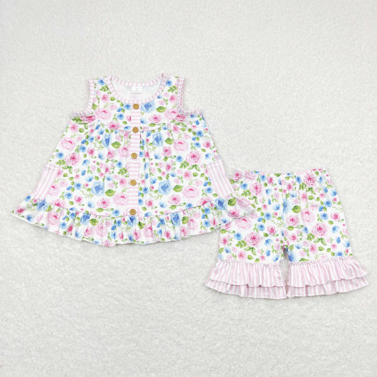 GSSO0569 Floral Pink White Stripe Pocket Ruffle Sleeveless Shorts Girls  Set RTS 202508
