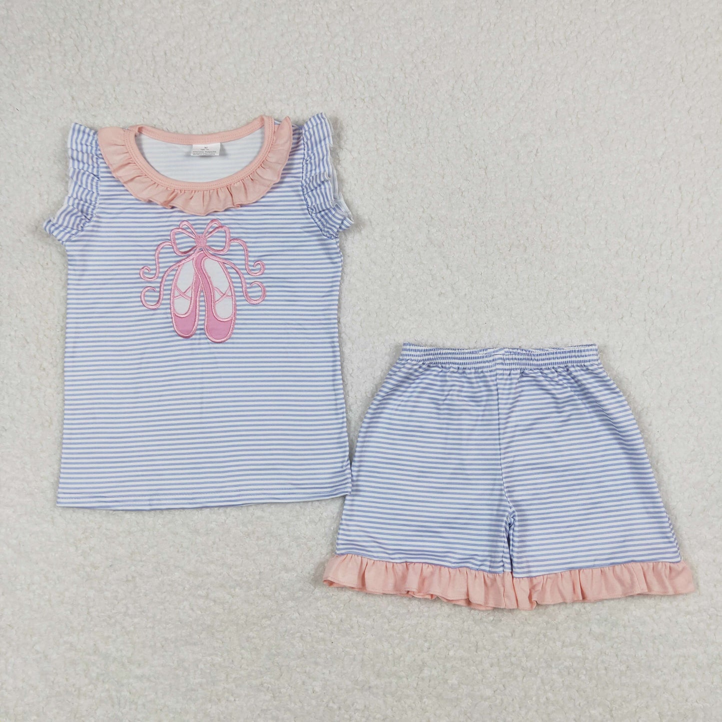 GSSO0574 Embroidered Ballet Shoes Blue Stripe Pink Ruffle Sleeveless Shorts Girls Outfits RTS 202508