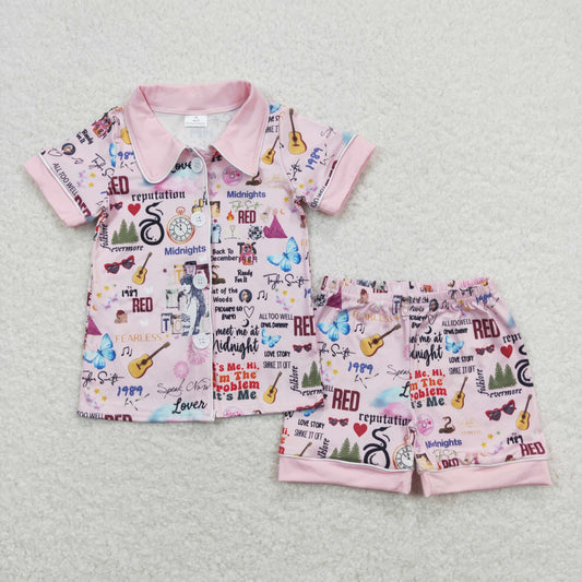 GSSO0578 Taylor Swift Pink Button short sleeve top shorts Pajamas sets boutique girls clothing sets summer outfit RTS 202501