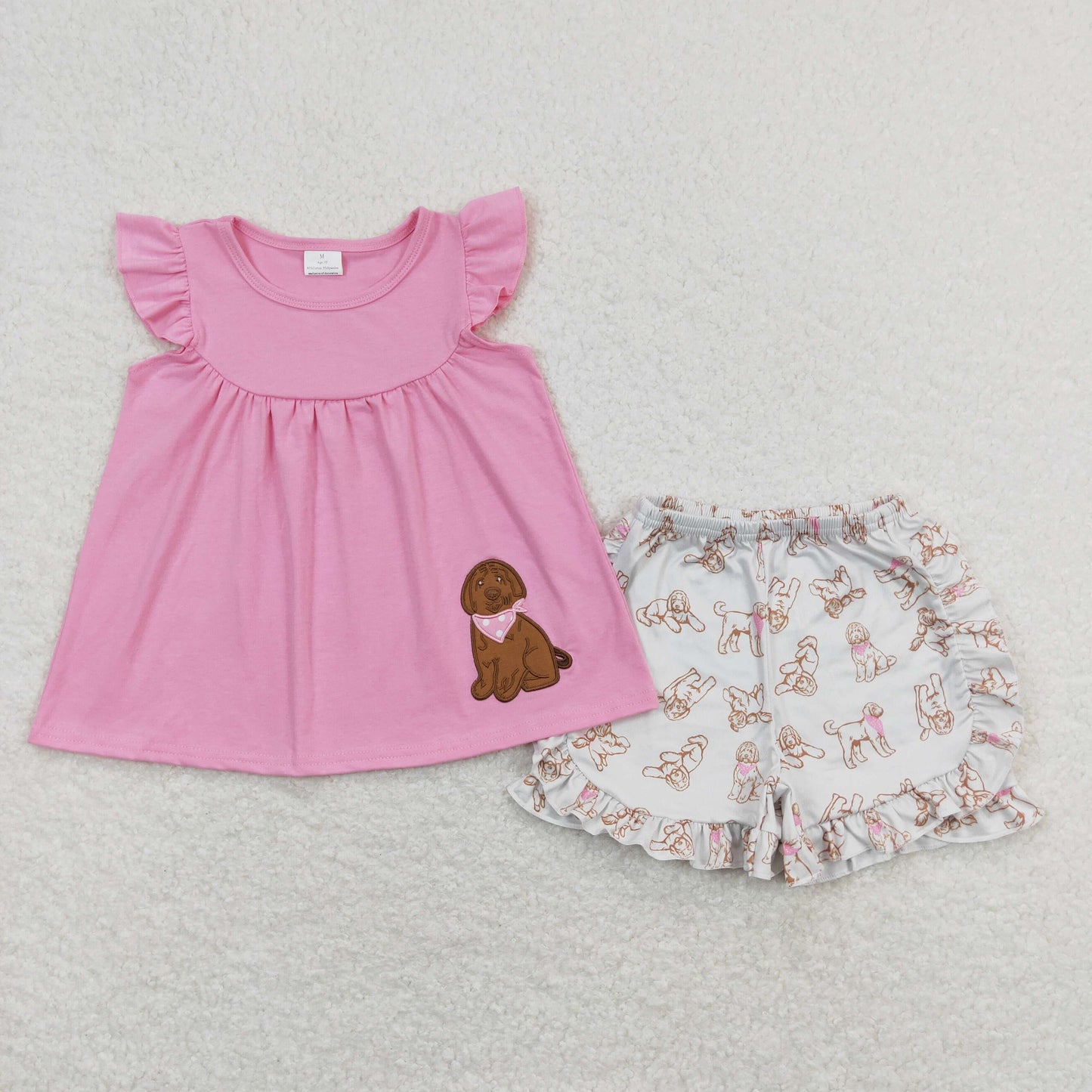 GSSO0581 Girls Boutique Embroidered Puppy Pink Ruffle Flying Sleeve Shorts Sets 20240402 RTS