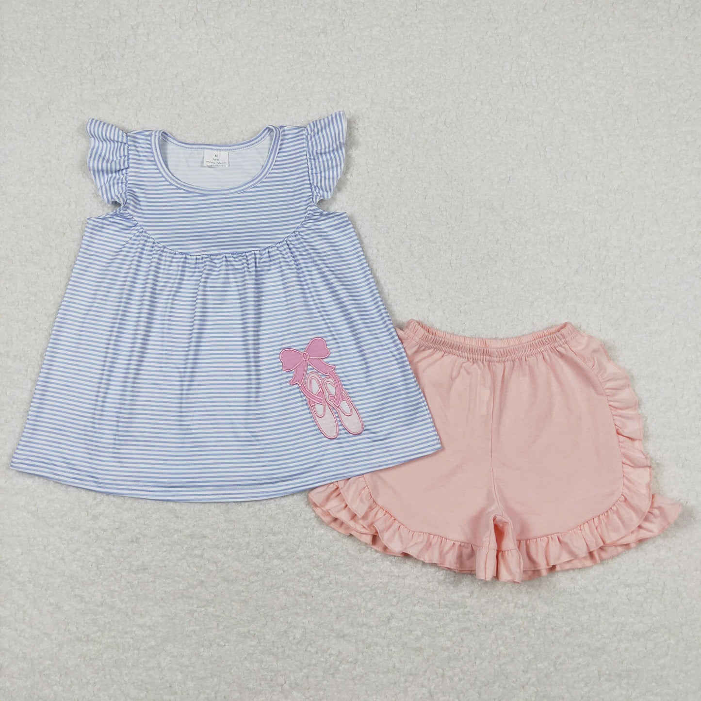 GSSO0582  Ballet Shoes Blue Stripe Fly Sleeve Top Pink Ruffle Shorts Sets Girls Boutique Summer clothes 202404 RTS