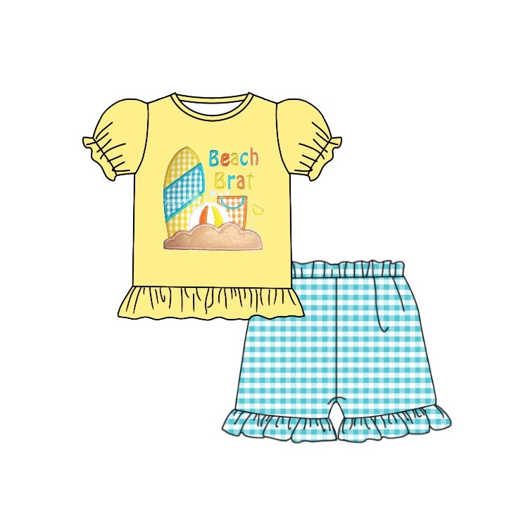 Preorder  GSSO0583  Yellow Beach brat Girls Short Sleeve Shorts Outfits