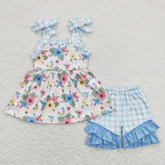 GSSO0586 Blue Floral  Girls Short Sleeve Shorts Outfits RTS 202508