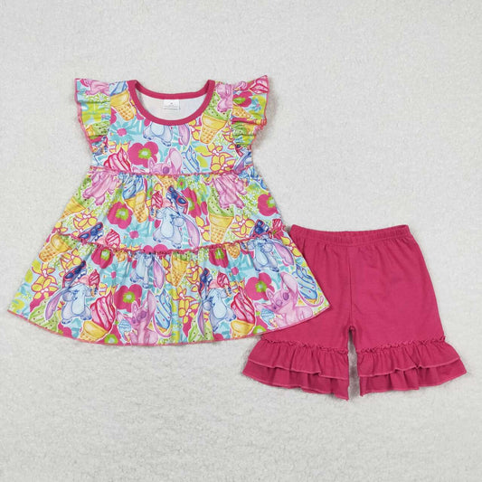GSSO0608 Cartoon  Stitch Rose Red Fly Sleeve Top Ruffle Shorts Sets Girls Boutique Summer clothes 202404 RTS