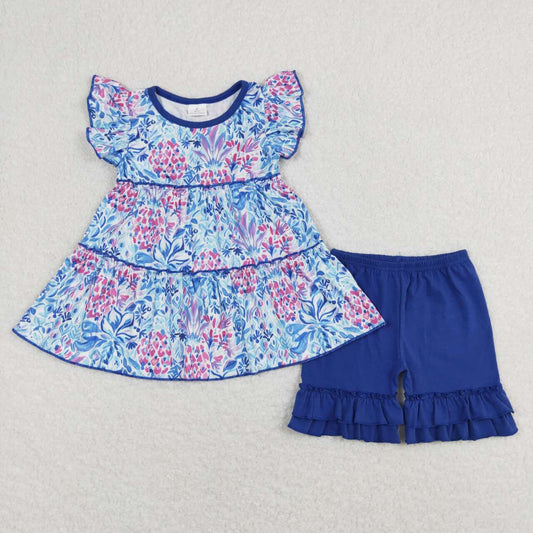 GSSO0614 Blue Flower Flying Sleeve Ruffle Shorts Girls Sets RTS 202508