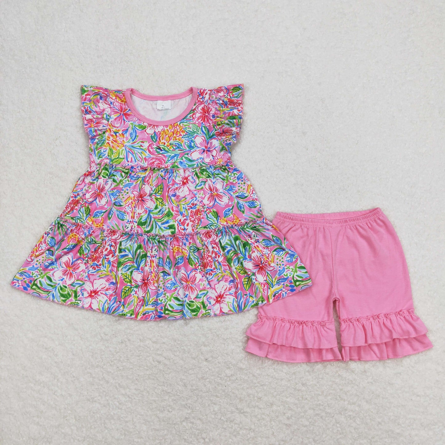 GSSO0619 Hot Pink Ruffle Flower Sleeveless top ruffle shorts Girls boutique summer outfit 202501