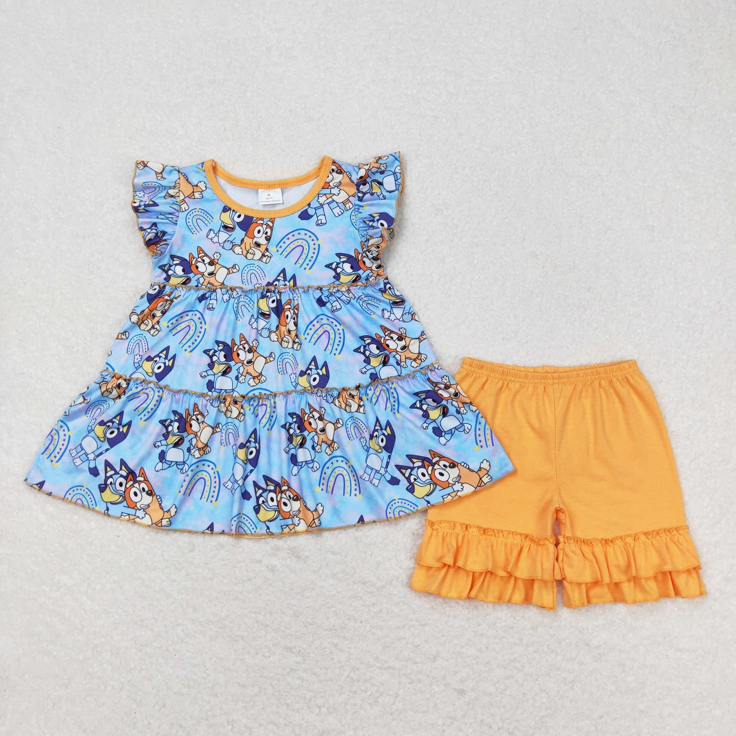 GSSO0632 Cartoon Bluey Blue Flying Sleeve Tunic Top Orange Ruffle Shorts Sets Girls Boutique Outfit 202404 RTS