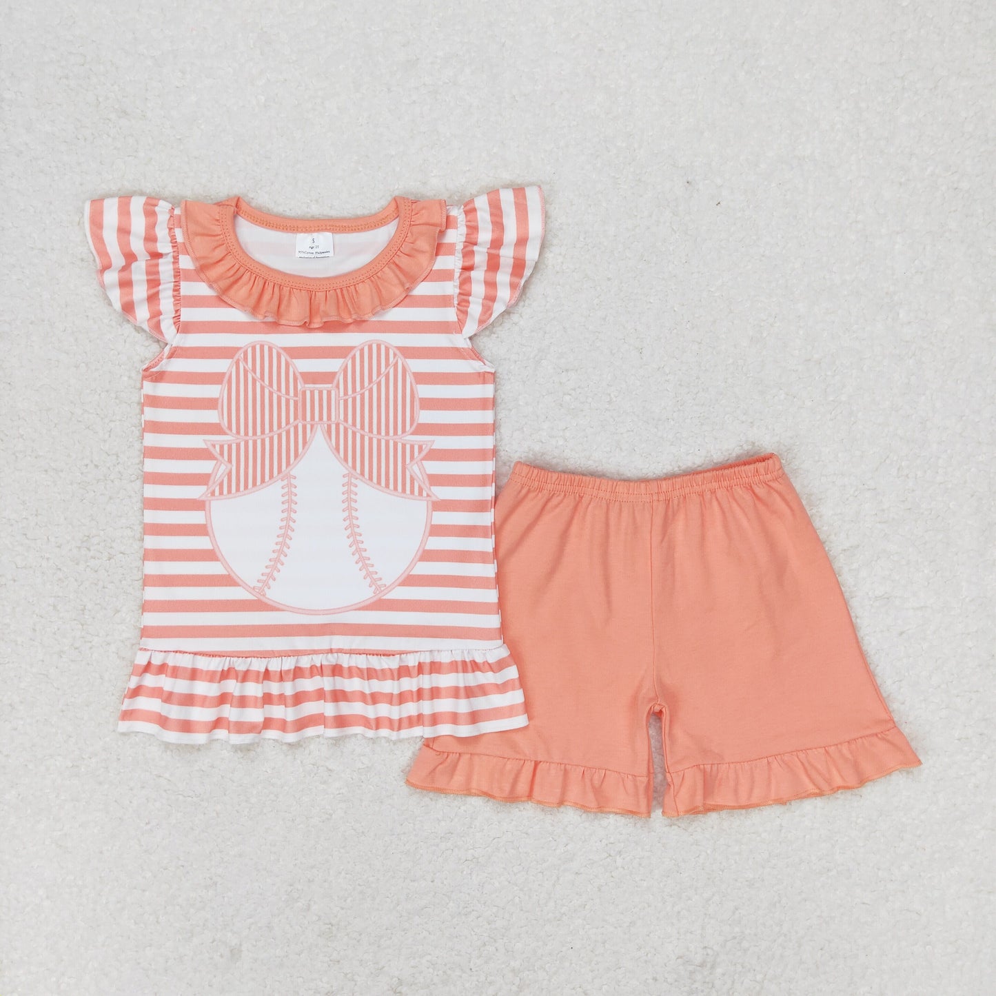 GSSO0633 Bow-tied baseball striped lace flying sleeve shorts set High quality girls clothing sets summer 2024