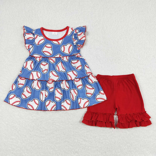 GSSO0634 baseball pattern blue tunic flying sleeve red ruffle shorts girls clothing sets 20240401 RTS