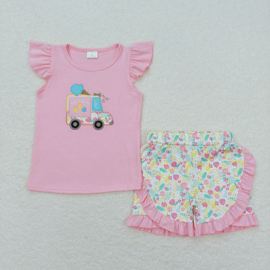 GSSO0644 Embroidered Ice Cream Pink Flying Sleeve Ruffle Shorts Girls Sets RTS 202508