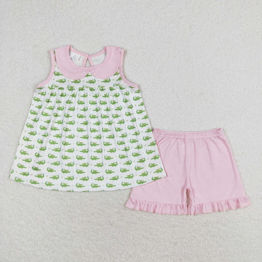 GSSO0654 Animal pink doll collar white sleeveless shorts set High quality girls clothing sets summer