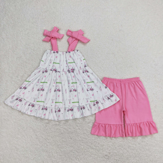 GSSO0659 Golf Pattern Halter Pink Ruffle Shorts Girls Sets RTS 202508