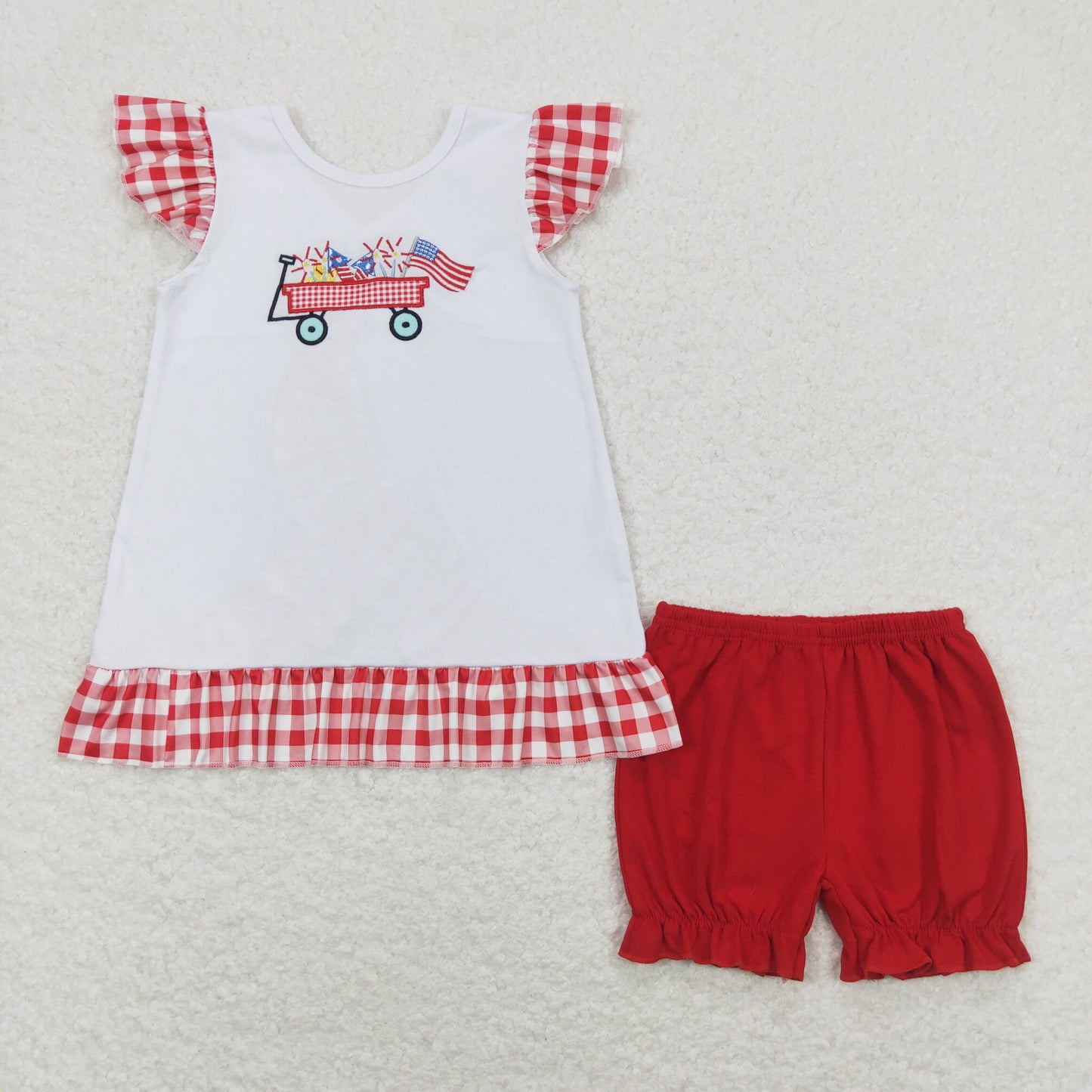 GSSO0662 Embroidered fireworks flag cart red plaid lace flying sleeve shorts set kid clothing set for girl summer