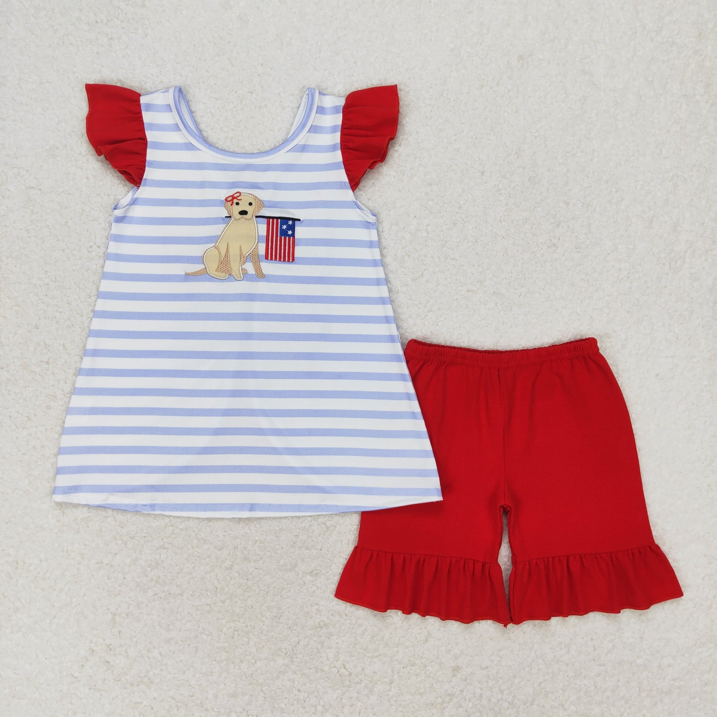 GSSO0663 Embroidered puppy flag striped red bow flying sleeve shorts set high quality girls summer clothing sets