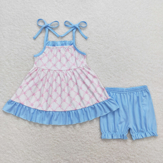 GSSO0668 Bow Blue Ruffle Halter Shorts Girls Set RTS 202508