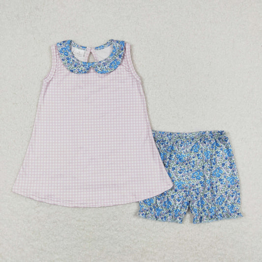 GSSO0670 Pink Plaid Blue Flower Doll collar sleeveless top shorts Girls clothing sets summer outfit RTS 202501