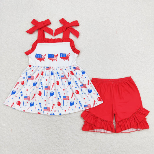 GSSO0679 Red Ruffled Blue Flag Balloon Sleeveless top shorts National Day Outfit  American girl  boutique summer outfit 202501