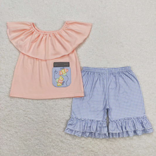 GSSO0682 Embroidered Bee Orange Pink Short Sleeve Blue Plaid Ruffle Shorts Sets Girls Boutique Clothes 202404011 RTS