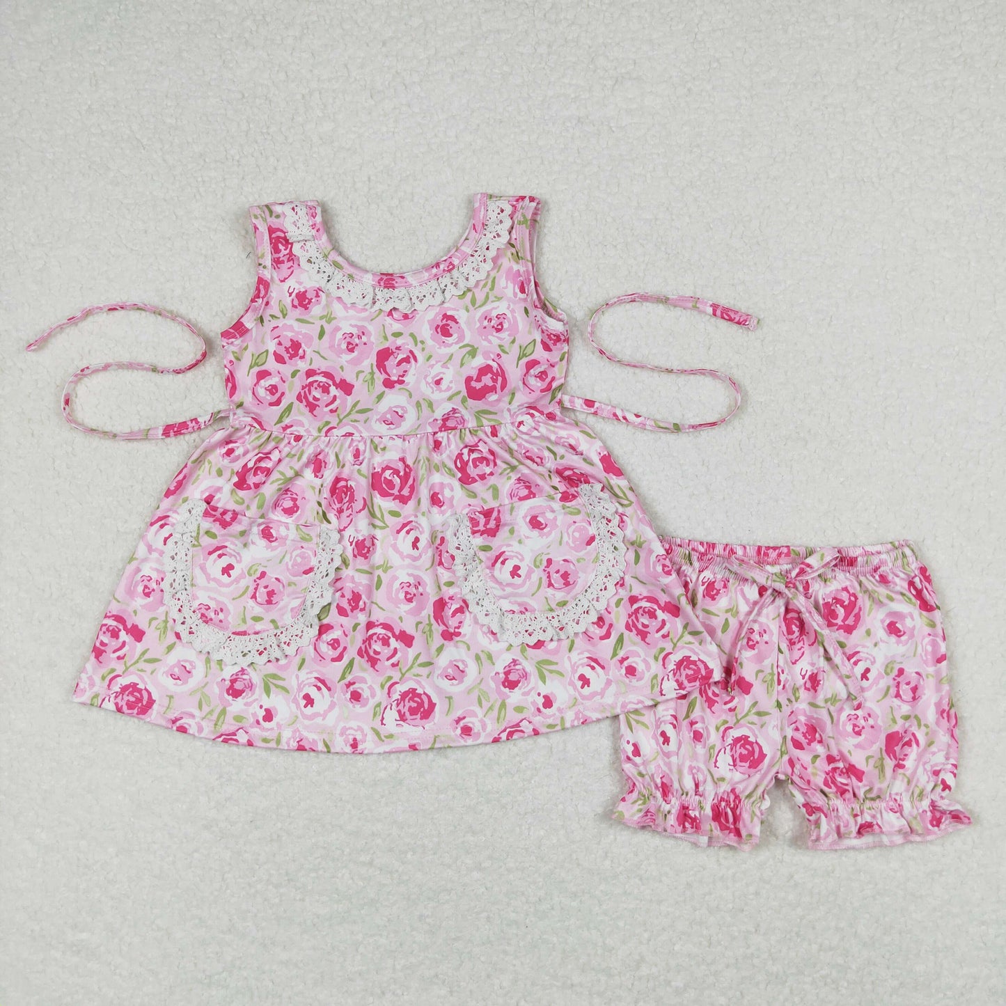 GSSO0685 Floral Lace Ruffle Pink Sleeveless Shorts Girls Sets RTS 202508