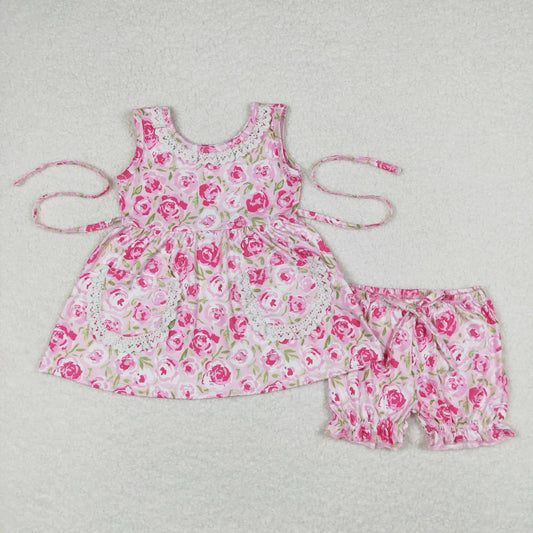 GSSO0685 Floral Lace Ruffle Pink Sleeveless Shorts Girls Sets RTS 202508