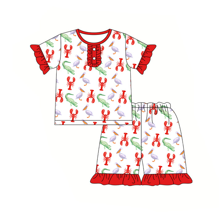 Preorder  GSSO0689 Red Green Crayfish  Girls Short Sleeve Shorts Outfits