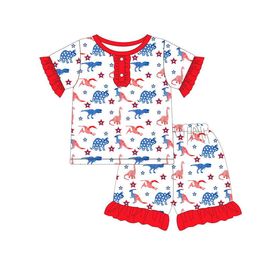 Preorder  GSSO0690 4th of July red blue flag Dinosaur  Girls Short Sleeve Shorts Outfits