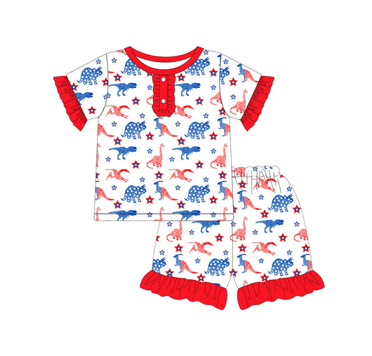 Preorder  GSSO0690 4th of July red blue flag Dinosaur  Girls Short Sleeve Shorts Outfits