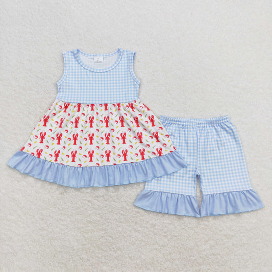 GSSO0698 red crawfish blue plaid ruffle tunic sleeveless shorts girls clothing sets 20240410 RTS