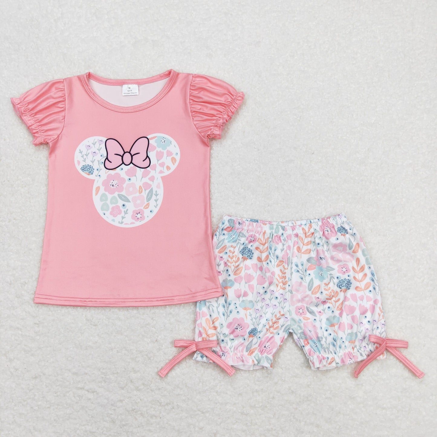 GSSO0699 pink flower bow ruffle short sleeve shorts girls clothing sets 20240410 RTS