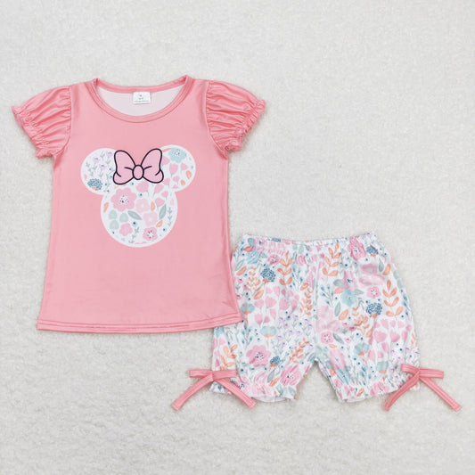 GSSO0699 pink flower bow ruffle short sleeve shorts girls clothing sets 20240410 RTS