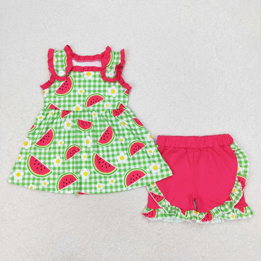GSSO0701 Watermelon flower green plaid sleeveless shorts suit girls clothing sets 6-7 years