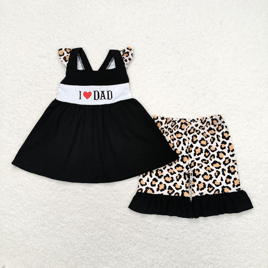 GSSO0702 Embroidery I love dad Letter black leopard print flying sleeve shorts set High quality girls clothing sets 5 years