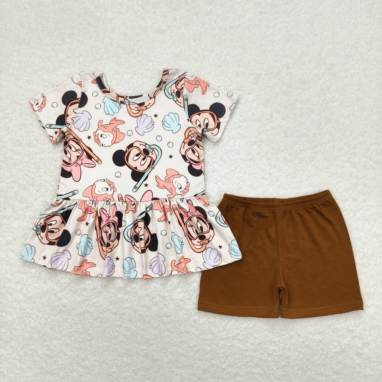 GSSO0703 Mickey Minnie Shell Pearl short sleeve brown shorts set high quality