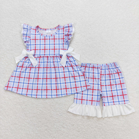 GSSO0707 Red Blue Plaid White Bows Ruffle Fly Sleeve Shorts Girls Set RTS 202508
