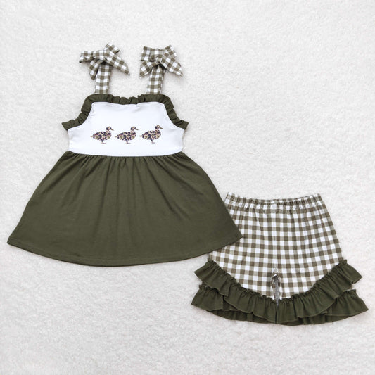 GSSO0716 Ducks Army Green Plaid Riffle Halter Shorts Girls Sets RTS 202508