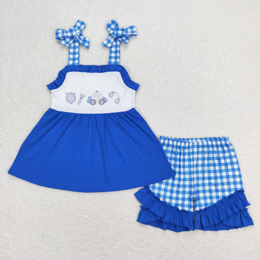 GSSO0717  Police Car Flashlight Blue Ruffled Plaid sleeveless top shorts set high quality girls clothing sets summer 202501 RTS