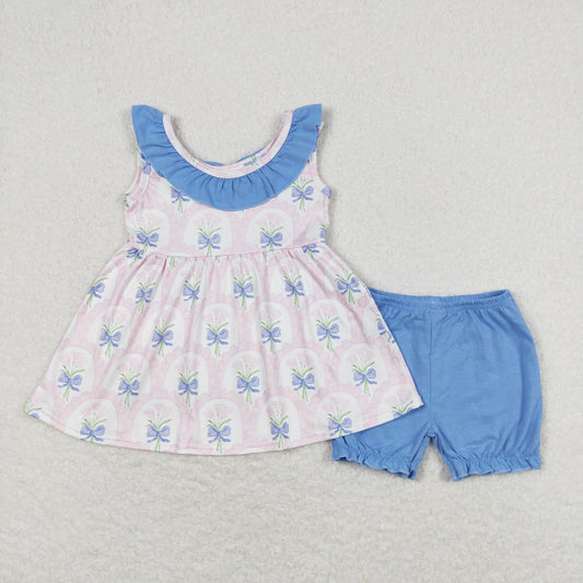 GSSO0723 Flower Bows Blue Ruffle Sleeveless Shorts Girls Sets RTS 202508